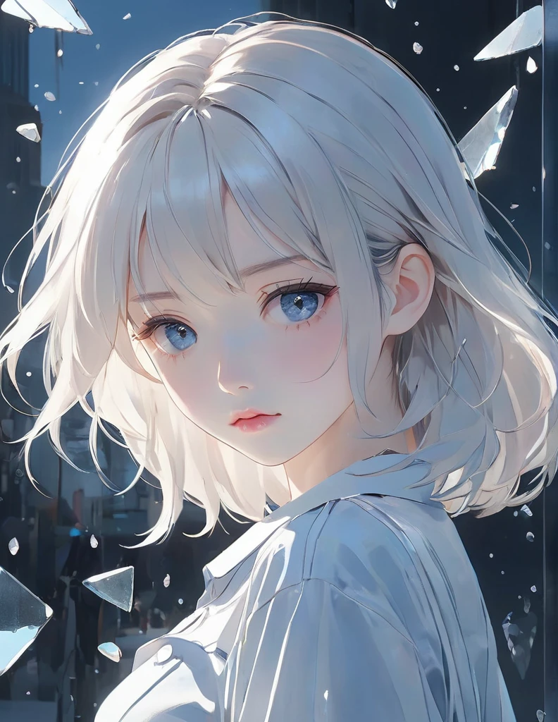 (Anime style:1.4),超high resolution, Attention to detail, high quality, high resolution, 最high quality, 4K, 8K,poster、artwork、Works by famous artists、Stylish and cool items、Girl reflected in broken glass、front Photo、Face、把你的右手放在Face颊上、Sad expression、Semi-long hair、Cute girls
