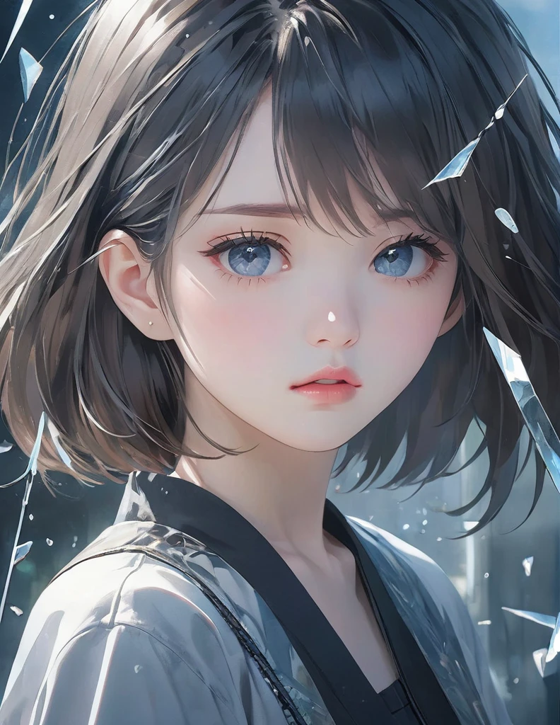 (Anime style:1.4),超high resolution, Attention to detail, high quality, high resolution, 最high quality, 4K, 8K,poster、artwork、Works by famous artists、Stylish and cool items、Girl reflected in broken glass、front Photo、Face、把你的右手放在Face颊上、Sad expression、Semi-long hair、Cute girls
