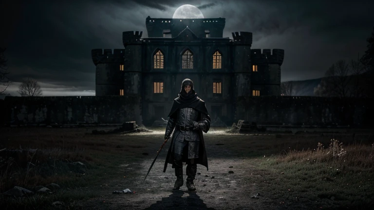 Create a dramatic and intense scene set in a mist-covered village deep within the Carpathian Mountains. The focal point of the image is the ruins of an ancient castle, partially obscured by fog and illuminated by the eerie glow of a full moon.
In the foreground, depict Aric, the vampire hunter, a rugged and determined figure clad in a dark cloak. He holds a glowing silver sword, its light reflecting in his steely eyes. His stance is firm and resolute, ready for battle.
Opposite him, emerging from a decrepit crypt within the castle ruins, is Vladislav, the ancient vampire. Vladislav has piercing red eyes, sharp fangs, and an aura of malevolence. He is dressed in tattered, dark clothing, exuding an air of sinister elegance. His expression is a mix of contempt and rage as he confronts Aric.
The background should feature the decaying grandeur of the castle, with crumbling stone walls and gothic arches, hinting at its former glory. The atmosphere is dark and foreboding, with the full moon casting long, dramatic shadows across the scene.
Incorporate elements of mystical energy, particularly around the silver sword, which glows with a radiant light. Subtle details like holy water bottles and wooden stakes scattered around add to the narrative of the intense battle between good and evil.