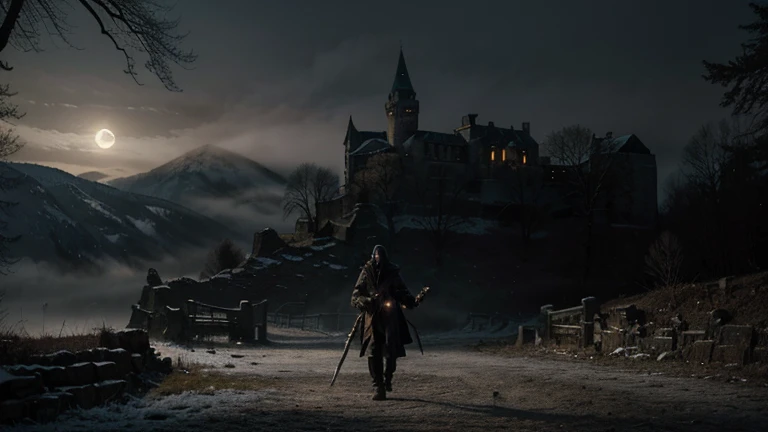 Create a dramatic and intense scene set in a mist-covered village deep within the Carpathian Mountains. The focal point of the image is the ruins of an ancient castle, partially obscured by fog and illuminated by the eerie glow of a full moon.

In the foreground, depict Aric, the vampire hunter, a rugged and determined figure clad in a dark cloak. He holds a glowing silver sword, its light reflecting in his steely eyes. His stance is firm and resolute, ready for battle.

Opposite him, emerging from a decrepit crypt within the castle ruins, is Vladislav, the ancient vampire. Vladislav has piercing red eyes, sharp fangs, and an aura of malevolence. He is dressed in tattered, dark clothing, exuding an air of sinister elegance. His expression is a mix of contempt and rage as he confronts Aric.

The background should feature the decaying grandeur of the castle, with crumbling stone walls and gothic arches, hinting at its former glory. The atmosphere is dark and foreboding, with the full moon casting long, dramatic shadows across the scene.

Incorporate elements of mystical energy, particularly around the silver sword, which glows with a radiant light. Subtle details like holy water bottles and wooden stakes scattered around add to the narrative of the intense battle between good and evil.