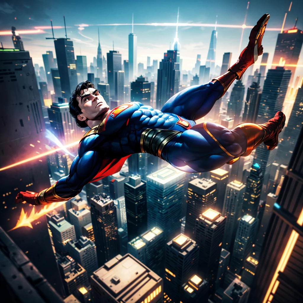 Superman flying above Metropolis, (masterpiece,detailed,highres:1.4)