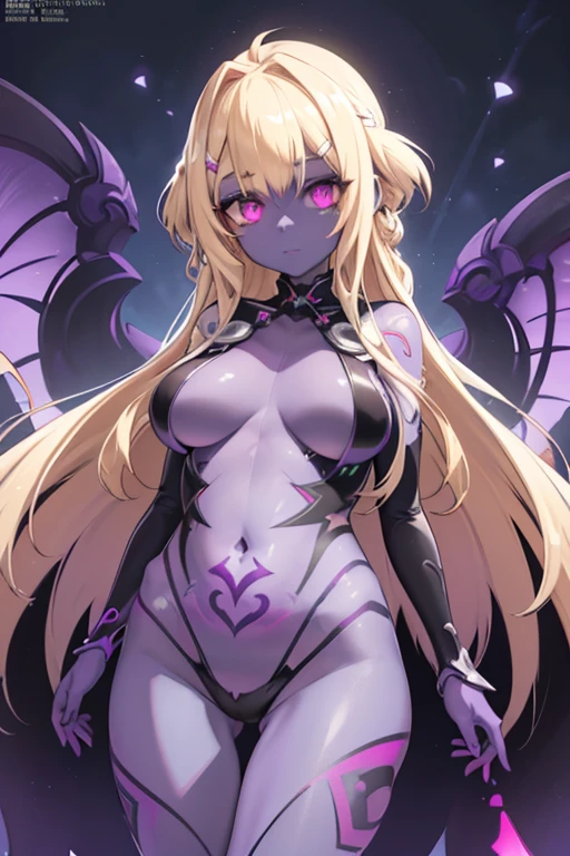 Horror Art, (Dark Anime Alien Girl), (((((Purple skin))))), (((((Blonde))))), bright, Black cloth, sharp short clothes, Dark fantasy setting, Dark Cave,Ray Tracing, masterpiece, Highest quality, super high quality, Absurd detailed, best Light, Best Shadow, sharp, sharp image, detailed, extremely detailed, Incredible resolution, 8k, 4K, Ultra-high resolution, Particle Effects, Beautiful Effects, Vibrant colors, neon Light, neon, Light,(corruption:1.2),(Hollow Eyes:1.2),(Groin tattoo:1.3),(Lower abdomen tattoo:1.3),(masterpiece), (Highest quality), (Super detailed), One girl, Red eyes