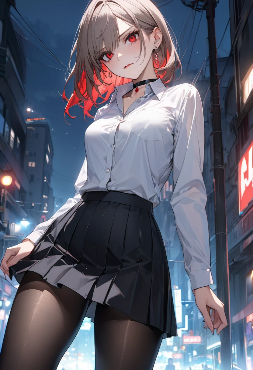 best quality, super_delicate, ultra detailed, beautiful, 8k , 1girl, red eyes, evil, business shirt, skirt, earrings, choker, black tights, night, AissistXLv2