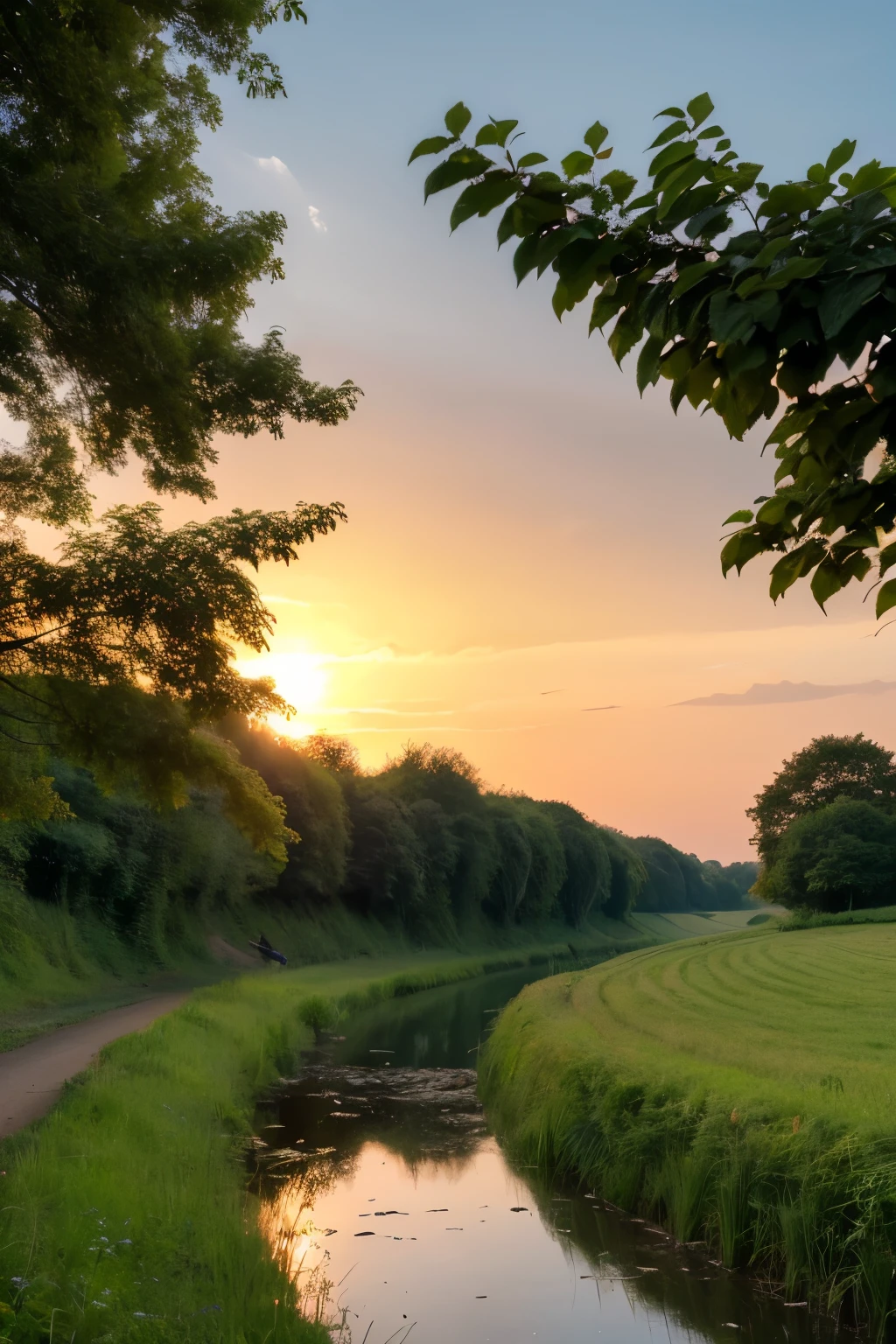 Countryside,sunset,riverside,lush greenery