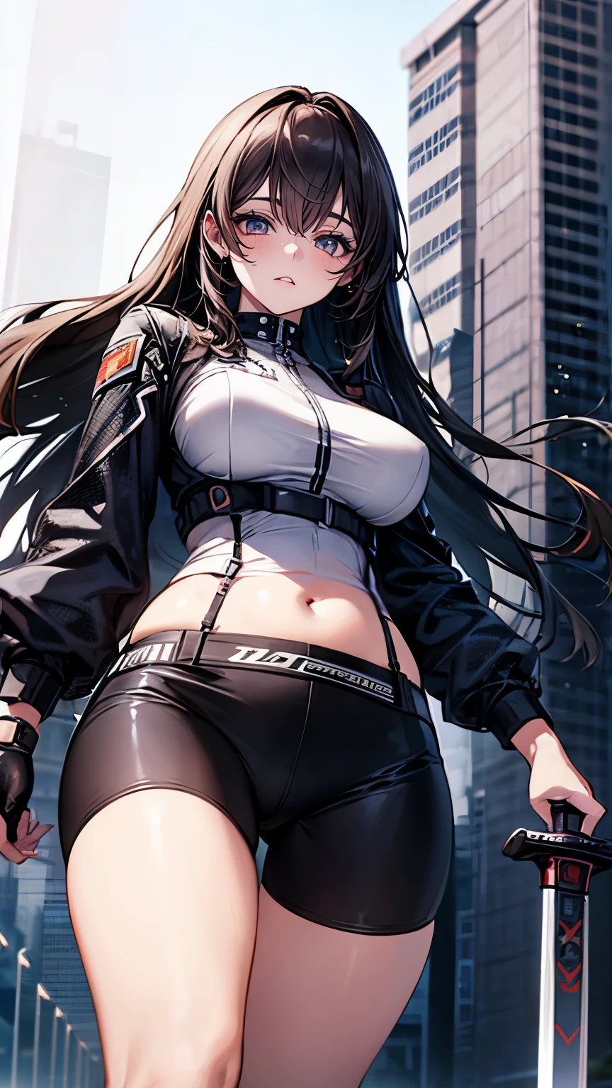(Very delicate and beautiful:1.2)super model,,Beautiful breasts,voluptuous,【bike shorts】,,【3girls】,,Highest quality, High resolution, 8k,mini skirt.Three Girls.cyber punk.Mechanical Sword