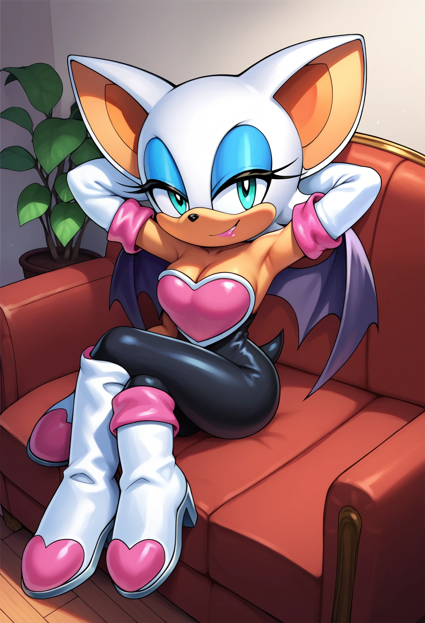 score_9, score_8_up, score_7_up, score_6_up, score_5_up, score_4_up, rouge the bat, (front view), (bird's eye view),  (2D anime style), (short body), anthro furry, orange fur, cyan eyes, bat ears, small tail, orange tail, black bodysuit, cleavage, white sleeve gloves, white sleeve boots, sexy curves, big head, (solo), (sitting on a couch), (crossed legs), (seductive pose), smile, (looking at viewer), (seductive look), (one hand behind head), (living room background)