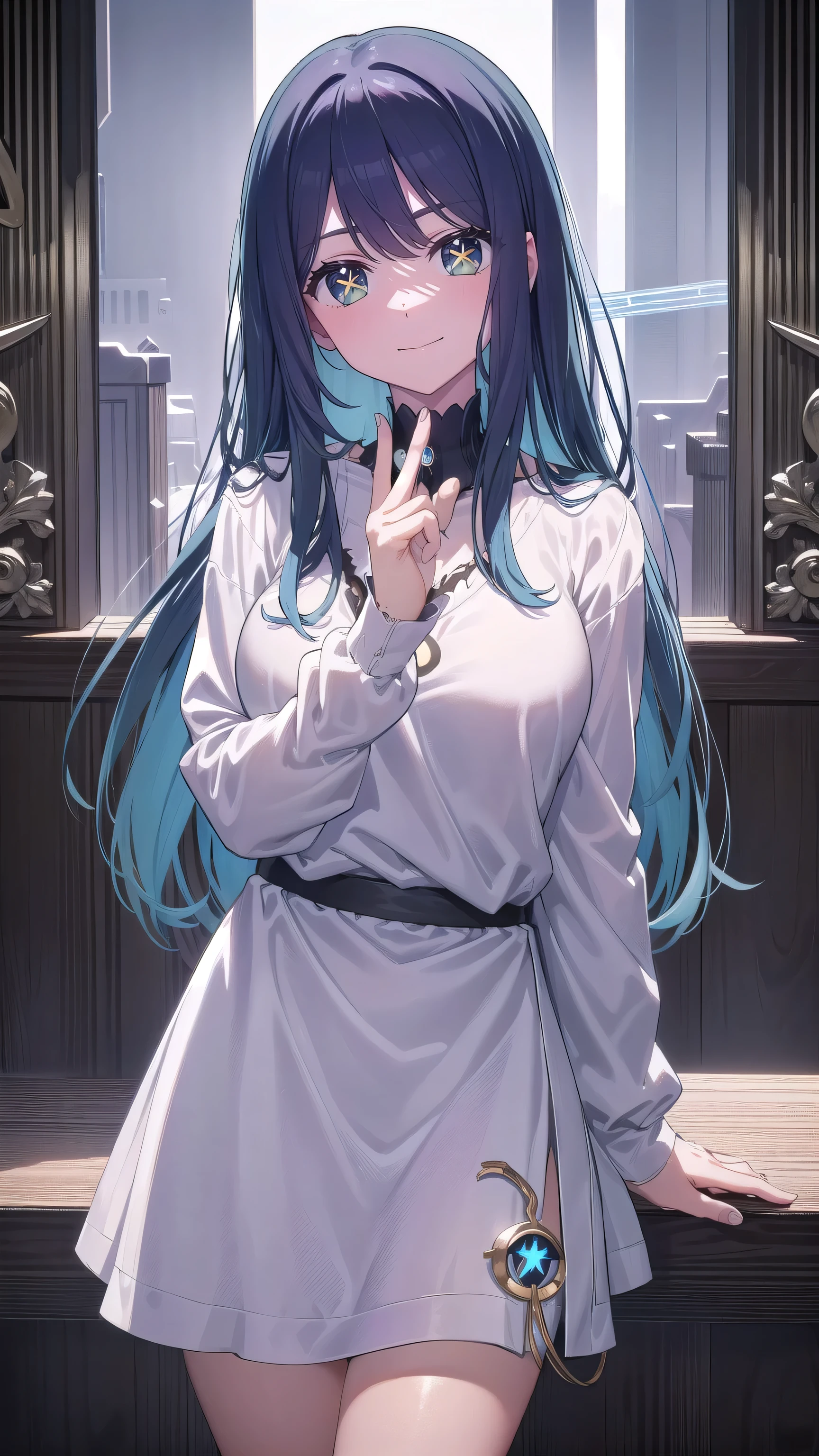 aihoshino, Ai Hoshino, Long Hair, bangs, (Purple eyes:1.1), Blue hair that is almost black, ((Symbol-shaped pupil:1.5)), smile,
break long sleeves, White shirt, ribbed White shirt キャミソール, White Camisole,Black mini skirt,
break indoors,
break looking at viewer, (Cowboy Shot:1.5),
break (masterpiece:1.2), Highest quality, High resolution, unity 8k wallpaper, (figure:0.8), (Beautiful attention to detail:1.6), Highly detailed face, Perfect lighting, Highly detailed CG, (Perfect hands, Perfect Anatomy),