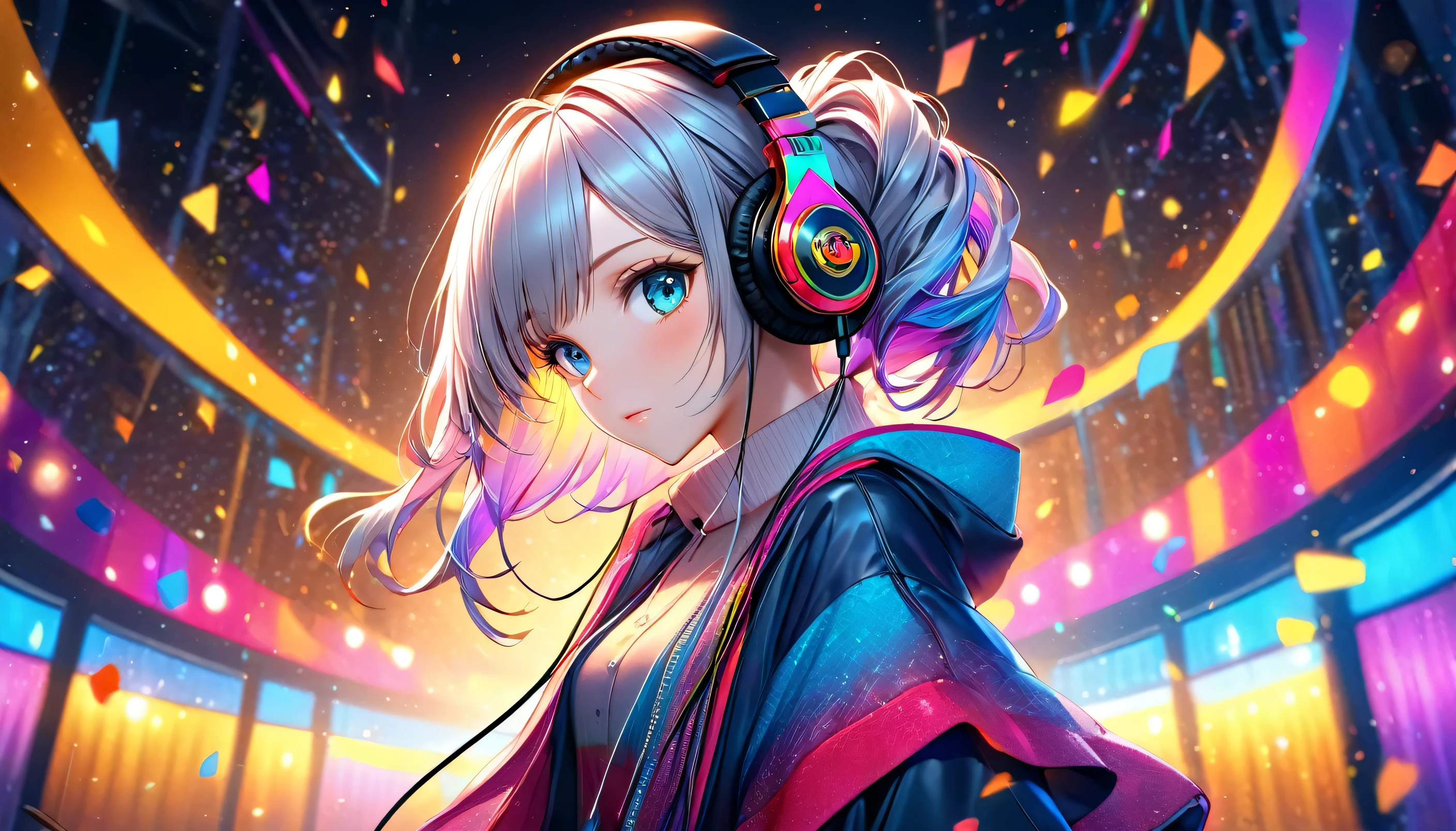 a girl wearing headphones listening to music, anime style, detailed face, beautiful eyes, long eyelashes, elegant hairstyle, detailed clothing, colorful background, vibrant colors, soft lighting, cinematic composition, digital art, highly detailed, 8k, photorealistic, full body