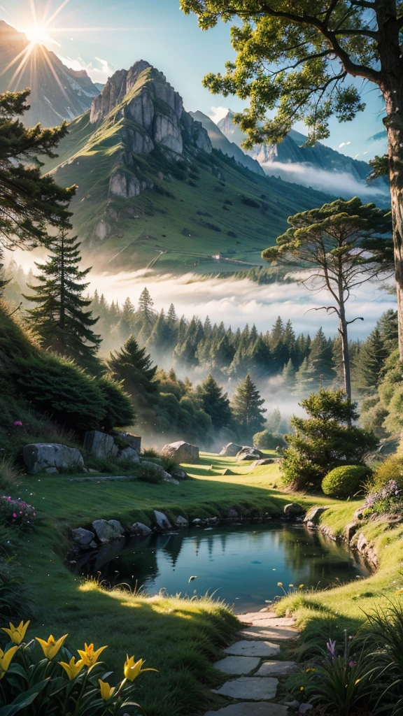 fairytale fantasy garden with dramatic montains in the distance,grass lawn, deep clear natural pools, lilies bogwood insects rocks plants flowers shrubs trees moss lawns grass redwoods,sunrise and strong sunbeams,very hazy and misty,extreme details,photorealistic,4k,HD,beautiful,nature, dreamy and sublime, very low contrast