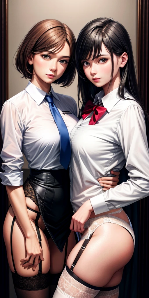 Realistic, 2 women, Dress shirt, garter belt