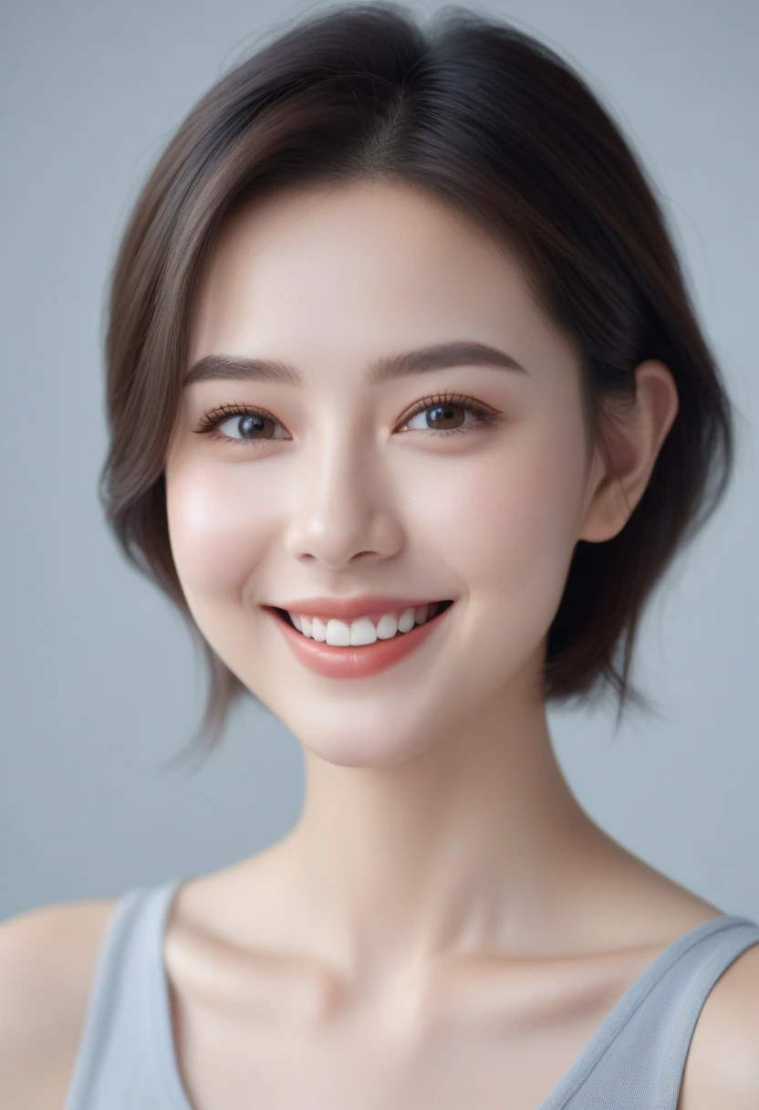 (Gray background:1.5, Close-up shot:1), (lifelike:1.4), (best quality:1.0), (Ultra HD:1.0), 8K, original photo, (masterpiece:0.2), 1 girl, Beautiful Skin, Delicate skin, A bright smile, teeth, (short hair:1),