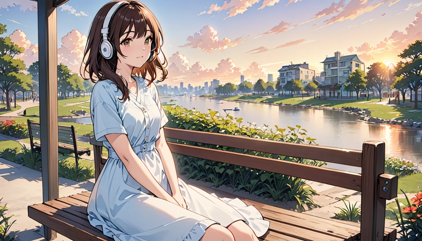 Brown-haired girl wearing headphones、Twilight Park - Very detailed、masterpiece, Highest quality, Bright expression - Sunset park in the background、Relaxed facial expression、Casual dress、Sitting on a bench watching the sunset 、Cowboy shot or close-up