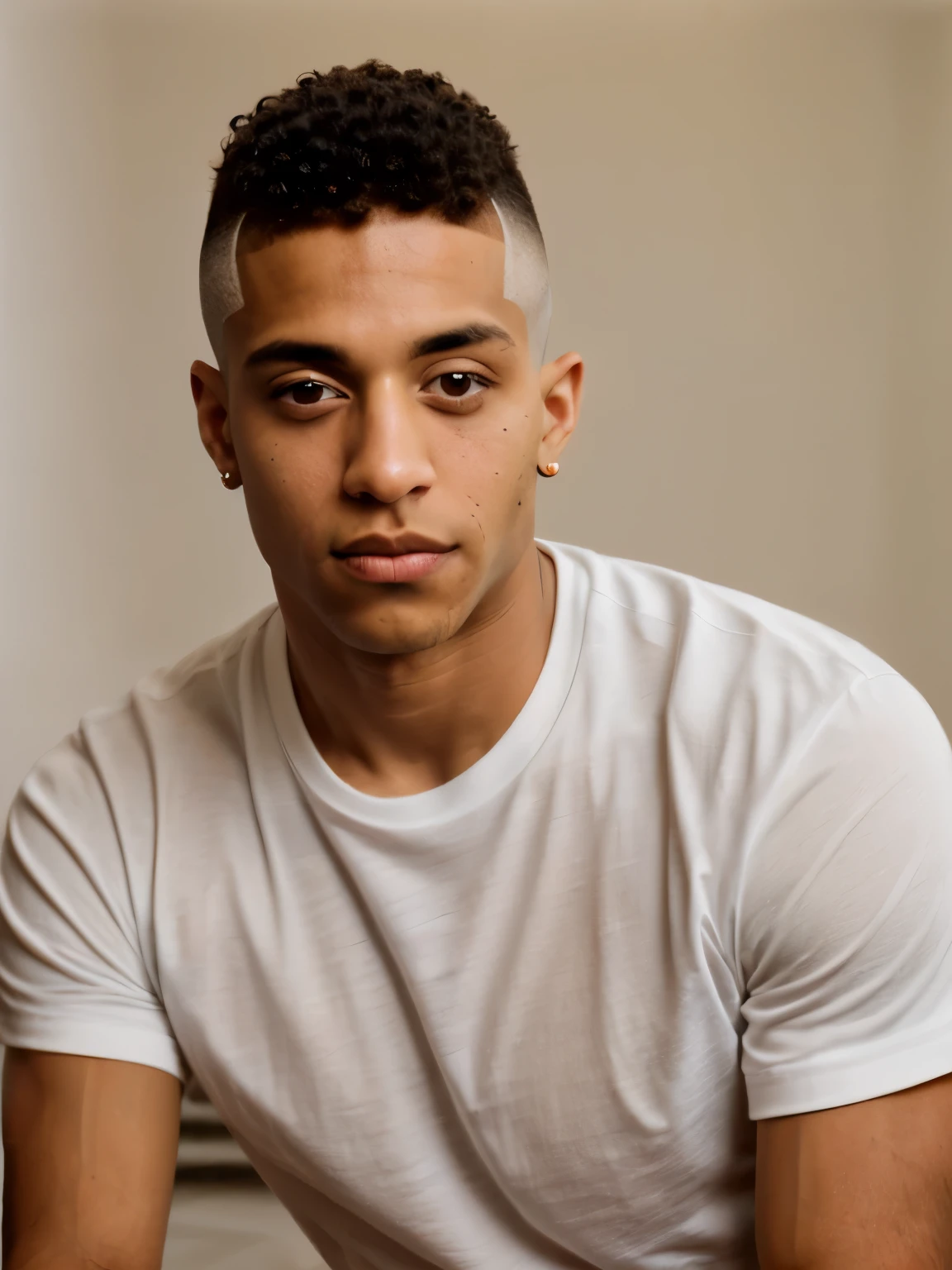 arafed man in a white shirt looking at the camera, lean man with light tan skin, centered shoulders up view, man in white t - shirt, head and shoulders view, young man with beautiful face, male model, dressed in a white t shirt, well-groomed model, with buzz cut hair, upper body portrait, wearing a light shirt, from back,