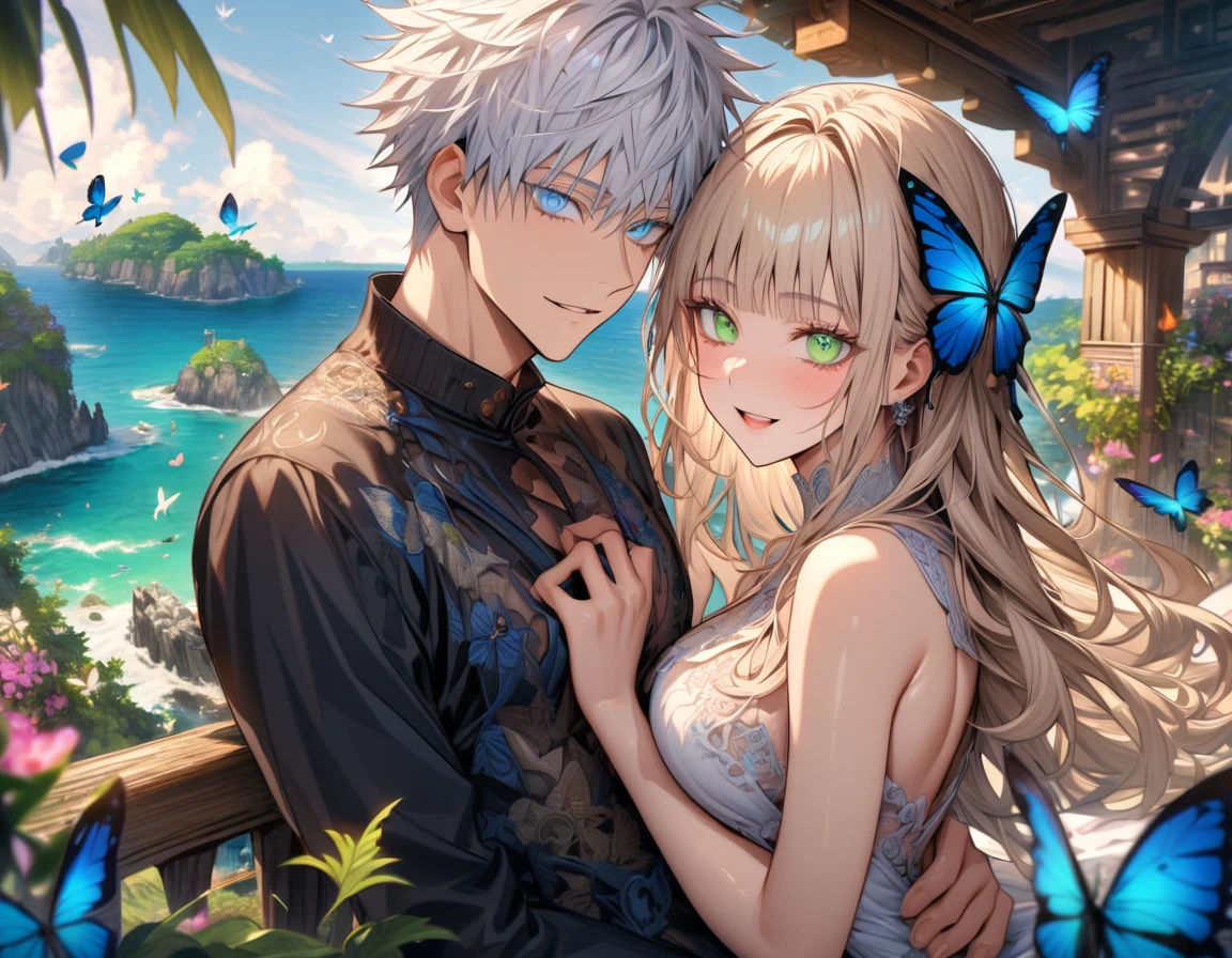 Ultra detailed, HDR, Highres, absurdres, master piece, Aida, ash blonde hair with bangs, expressive green eyes, Gojou Satoru, white hair with bangs, expressive blue eyes, black shirt, white dress with patterns, Jujutsu Kaisen, flowers, butterflies, fantasy, magical, green leaves, summer, a beautiful woman together with a handsome man, couple, love, sensual, island, sexy, smiling