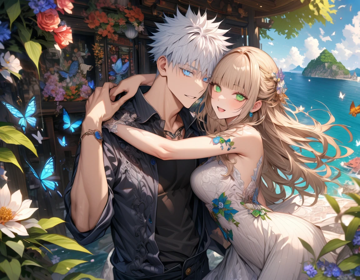 Ultra detailed, HDR, Highres, absurdres, master piece, Aida, ash blonde hair with bangs, expressive green eyes, Gojou Satoru, white hair with bangs, expressive blue eyes, black shirt, white dress with patterns, Jujutsu Kaisen, flowers, butterflies, fantasy, magical, green leaves, summer, a beautiful woman together with a handsome man, couple, love, sensual, island, sexy, smiling