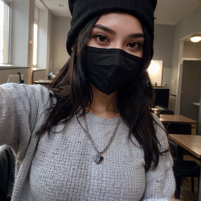 Sexy girl with long black hair taking a selfie in a black mask, a gray sweater and a black cap with a black beanie t silver chain
