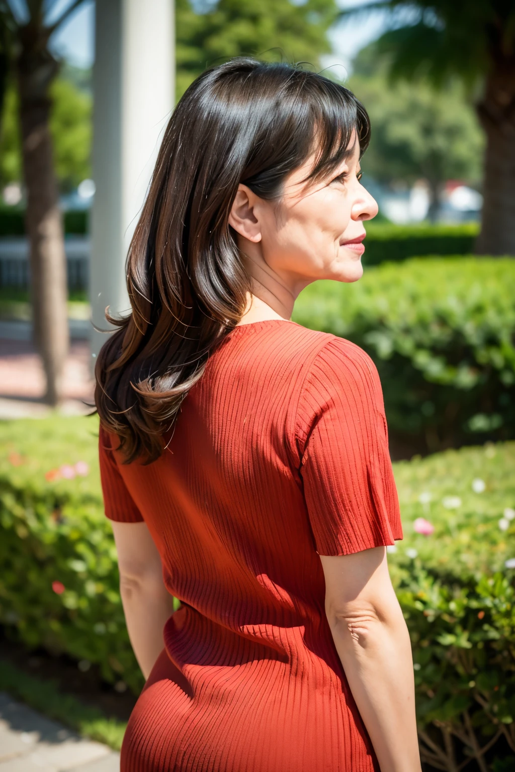 最high quality, In 8K, Masseter region, Genuine, Sharp focus, high quality, High resolution, Detailed face, fine grain, Background Blur, alone, Full body photo, Middle-aged women, , 55 years old, ,Hair with wavy ends only, Wearing a plain short-sleeved knit, Back view, I can't see your face、Large Breasts、Big Ass、A little chubby、Bob Hair、No bangs