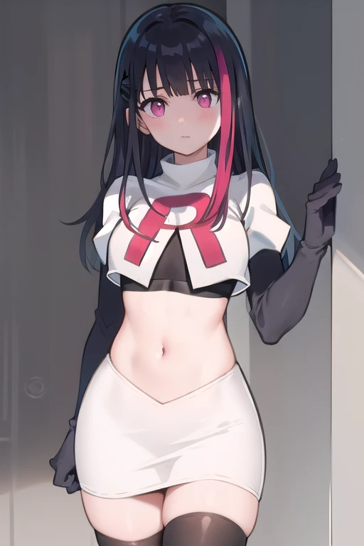 rouge redstar,1girl, black hair, solo, long hair, pink eyes,ear ornaments, streaked hair, blunt bangs, looking at viewer,cowboy shot, team rocket,team rocket uniform,white skirt,red letter R,crop top,black thigh-highs,black elbow gloves, (best quality, masterpiece),
