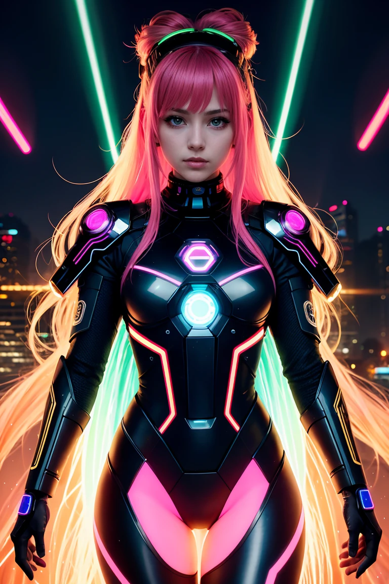 high quality, 8k ultra high definition, Whole body, have a cybernetic saber, a fascinating 20-year-old woman with a futuristic beauty that seems to transcend time and space, intricately woven into your very being, locked in the cyber suit, move with fluidity and precision, Her loose hair resembles rays of neon lights., projecting a vibrant glow that adds a touch of cyberpunk shine to your appearance., Each strand of hair is meticulously crafted with holographic patterns that shine and change., creating a display of ever-changing colors, By Yukisakura, Very detailed,