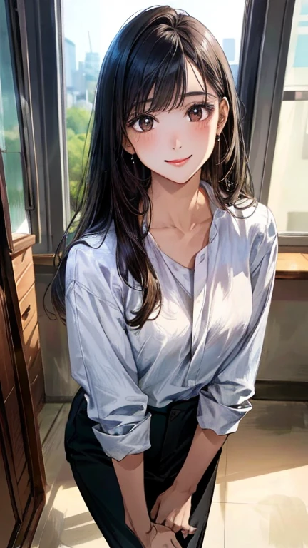 (masterpiece:1.3, Highest quality, Ultra-high resolution, Super detailed), (Realistic, photoRealistic:1.4), Beautiful illustrations, Perfect lighting, Natural light, colorful, Depth of written boundary, Surrealism,
Beautiful detailed hair, Beautifully detailed face, Beautiful attention to detail, Beautiful clavicle, Beautiful body, Beautiful breasts, Beautiful thighs, Beautiful feet, Beautiful fingers, Glowing Skin,
View your viewers, 1 girl, Japanese, secretary, (Perfect Anatomy, Anatomically correct, Highly detailed skin), Cute and symmetrical face, Baby Face, Perfect Face, Perfect Eyes, thin,
(Long Hair:1.8, Straight hair, Black Hair), Swept-apart bangs, Chestnut brown eyes, Slanted Eyes, Long eyelashes, sexy、sexy、(Medium chest, Captivating thighs),
((Detailed cloth texture, Clean office casual look)),
(Beautiful views), noon, (Private room in the office), Sitting in a chair, (Cute smile, Upward glance),have a liking for