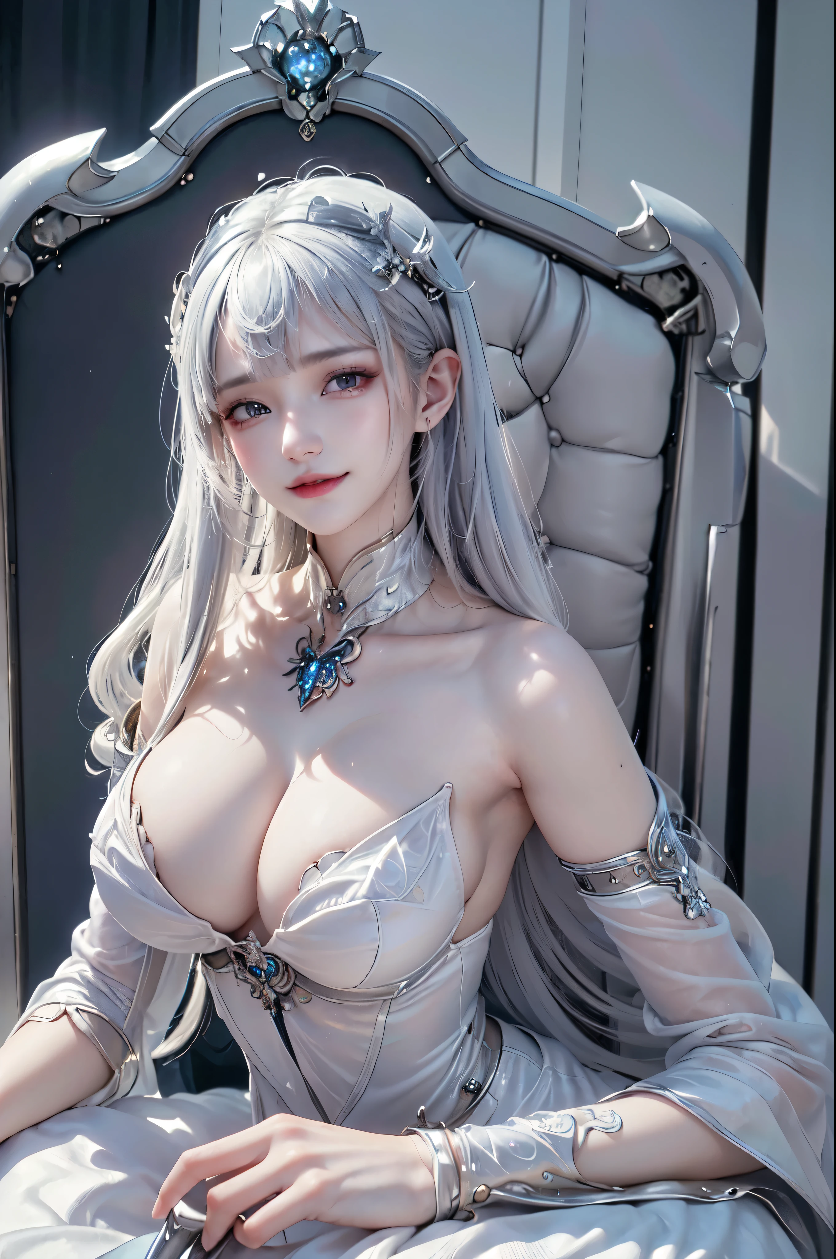 NSFW,((top quality、8k、masterpiece:1.3))Wears a silver-white mech,girl with delicate face,Highest image quality,Ultra-clear,Delicate and clear facial features,end of the world,Mechanical arm,Exquisitely detailed mechanical pattern,cyberpunk characters、numbercity、number、century、throne、