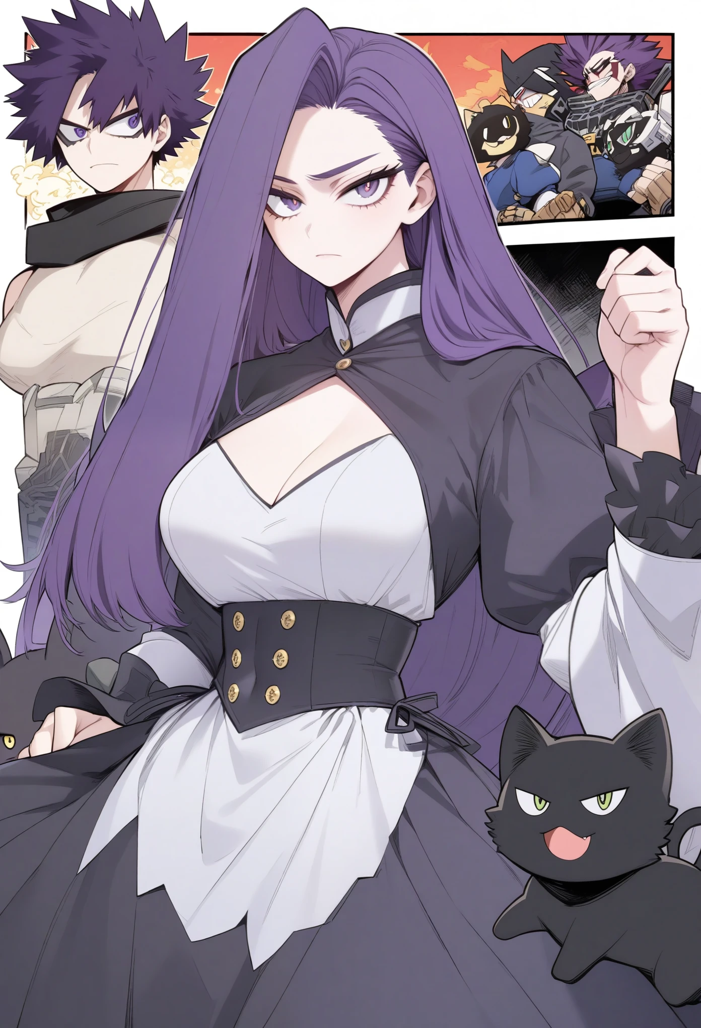 My Hero Academia Long straight hair white color dark purple eyes very dark purple locks small waist big chest loves black cats with the Boku no Hero Academia costume long eyelashes and serious cute eyes