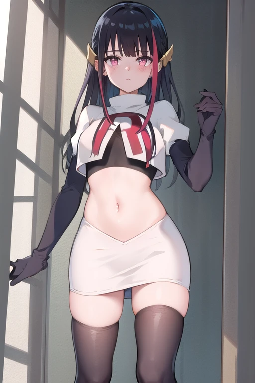 rouge redstar,1girl, black hair, solo, long hair, pink eyes,ear ornament, streaked hair, blunt bangs, looking at viewer,cowboy shot, team rocket,team rocket uniform,white skirt,red letter R,crop top,black thigh-highs,black elbow gloves, (best quality, masterpiece),