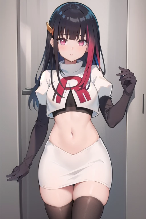 rouge redstar,1girl, black hair, solo, long hair, pink eyes,ear ornament, streaked hair, blunt bangs, looking at viewer,cowboy shot, team rocket,team rocket uniform,white skirt,red letter R,crop top,black thigh-highs,black elbow gloves, (best quality, masterpiece),
