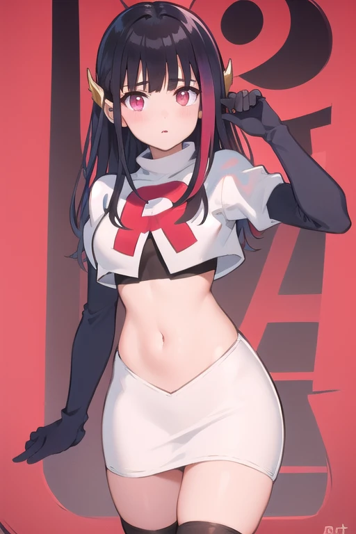 rouge redstar,1girl, black hair, solo, long hair, pink eyes,ear ornament, streaked hair, blunt bangs, looking at viewer,cowboy shot, team rocket,team rocket uniform,white skirt,red letter R,crop top,black thigh-highs,black elbow gloves, (best quality, masterpiece),