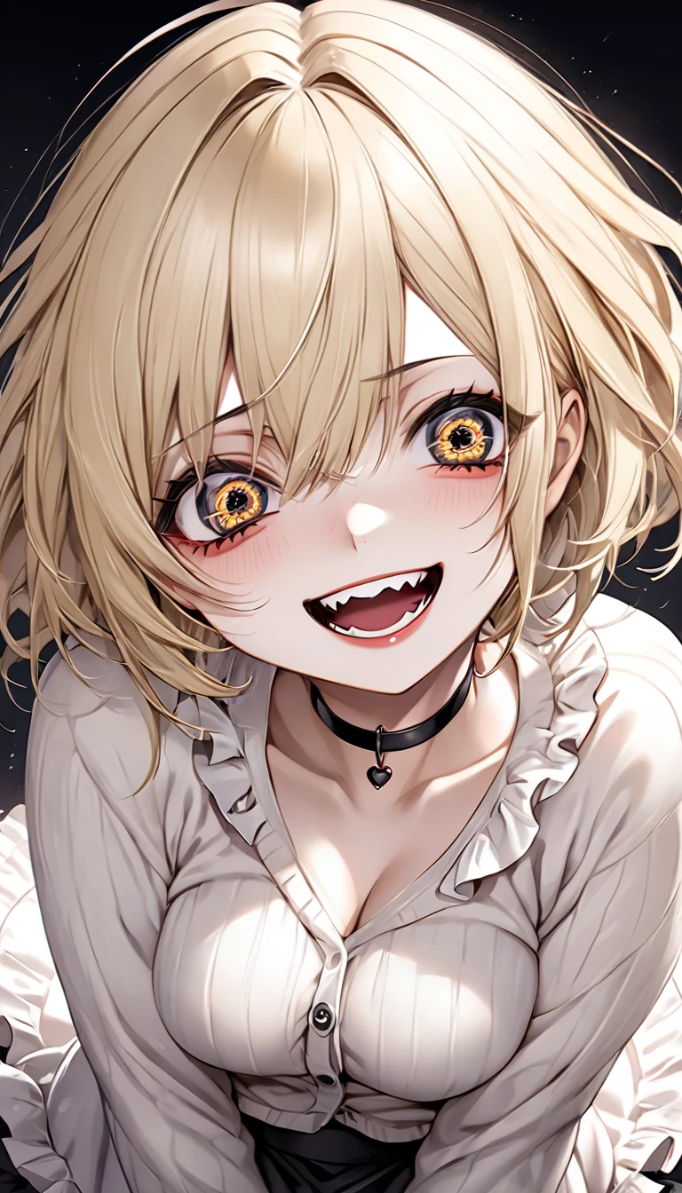 beautiful woman, cool and sadistic, amorous and lewd face, crazy smile, scary smile, evil smile, teasing smile, grin, lewd smile, malicious smile, creepy smile, big droopy eyes, huge mouth, make-up, blonde messy short hair, great proportion, white loose size cardigan, ruffle skirt, choker, (ultra detailed, absolutely resolution, best quality:1.3), 2.5D, delicate and dynamic, shading effects, hyper realistic, artistic photography, graphic CG digital art