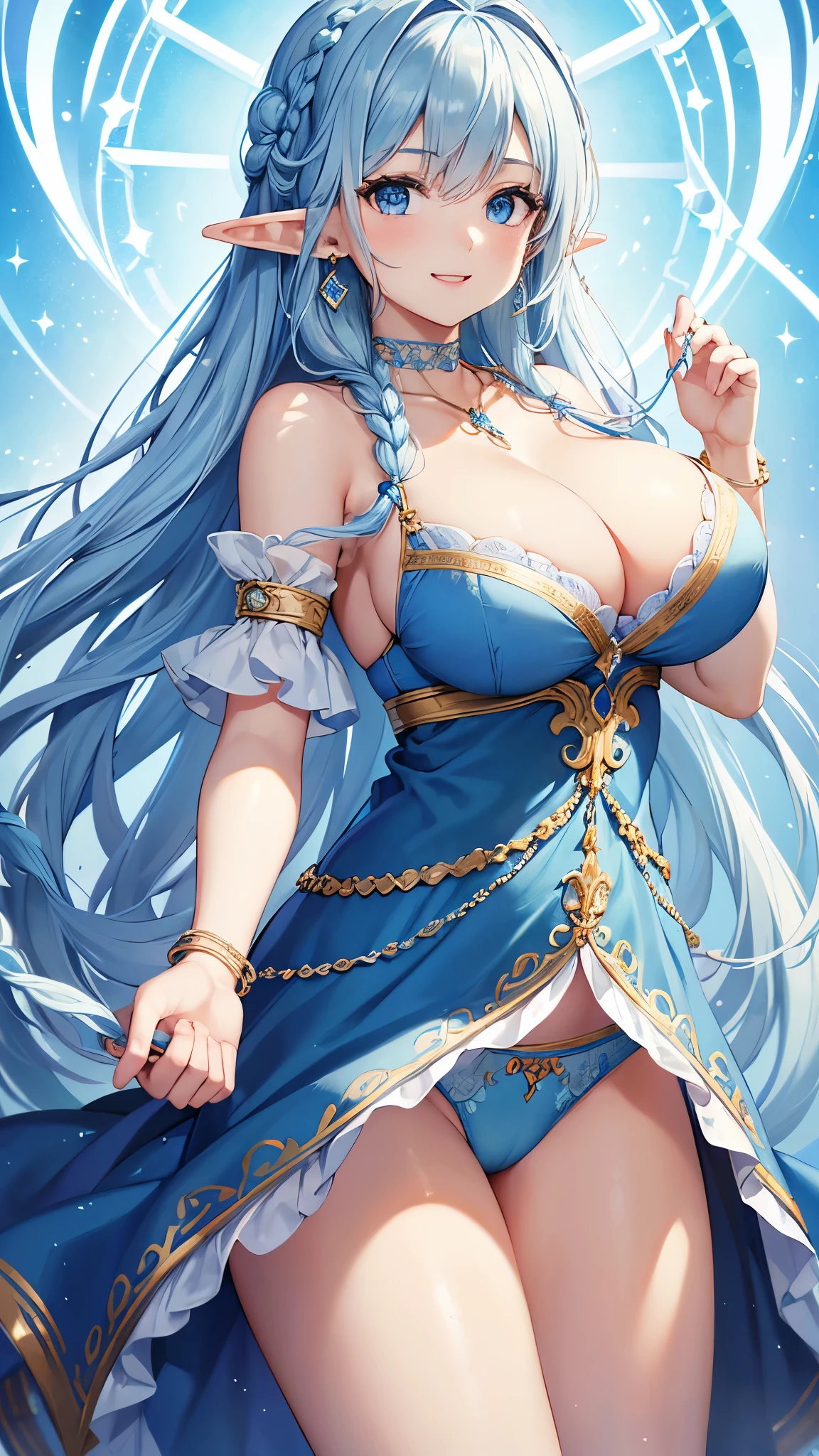 Highest quality、Highest quality、masterpiece、(8k resolution),beauty(Age 25)、(Mature Appearance)、Light blue long hair(Braiding of sides)、blue eyes、(Light blue underwear with detailed embroidery)、(Elf)、Big cleavage、((Very large breasts))、smile、blue necklace、Blue Earrings、background(ice)、Please open your mouth wide、bracelet、Dynamic pose、Blue choker、