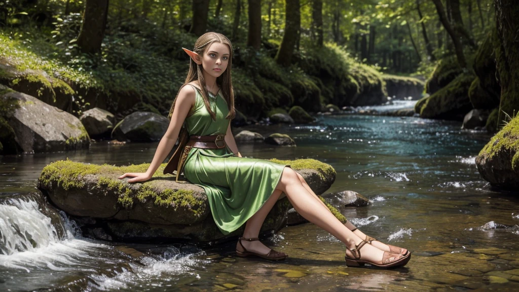 Photo of Arwen, a 15-year-old elf, 1.50 meters tall, weighing 39 kilos, small and light, light brown hair and blonde highlights, expressive green eyes and slightly pointed ears. Arwen wears a sleeveless green silk selathemar with just a brown leather strap. He has a small dagger hanging from his belt. Wear brown shoes. She is sitting with her hands behind her on the edge of a crystal clear river.