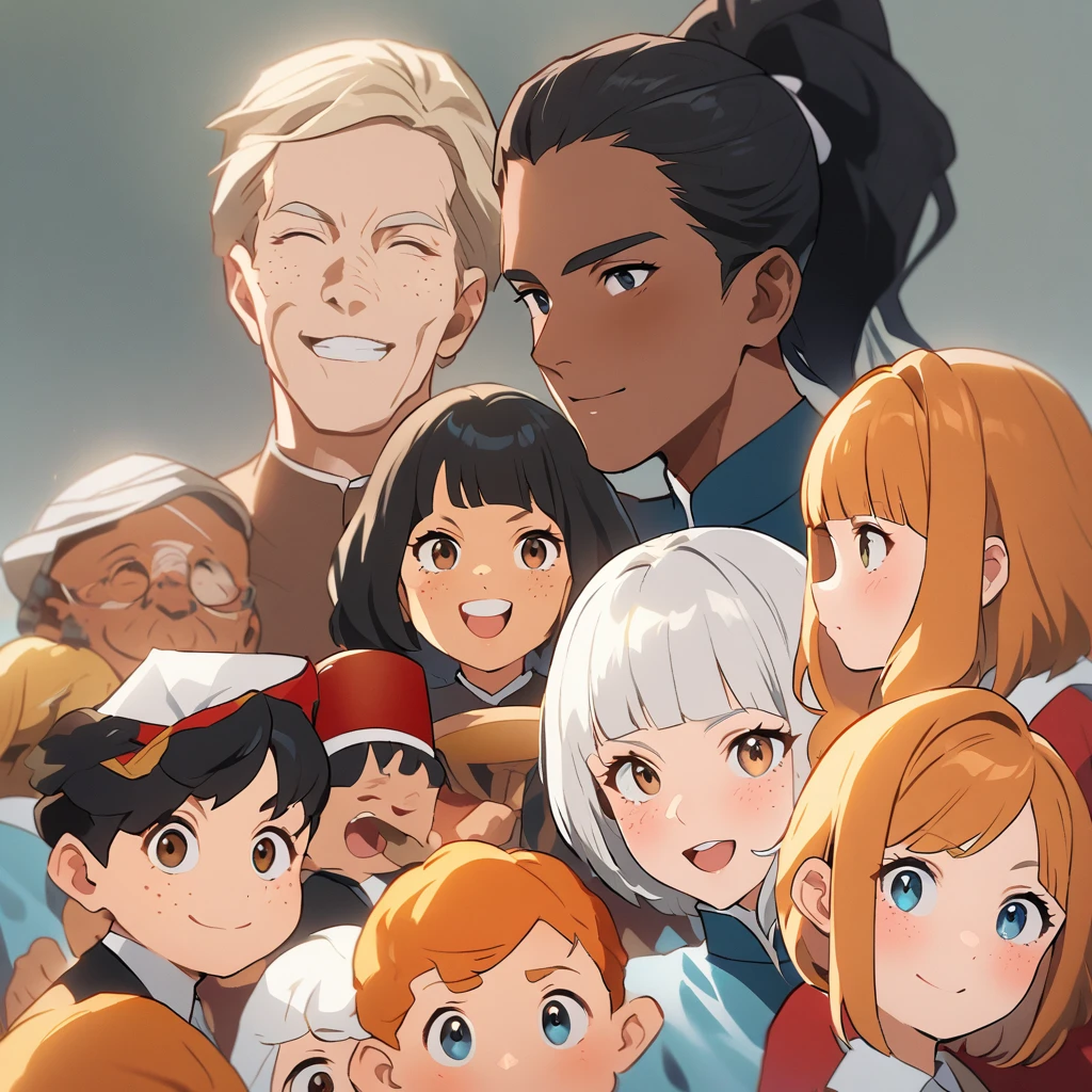 Create an image with 5 5-year-old children, one with black hair and a fez hat, another with orange hair and freckles, another with white hair, another with blonde hair and one with dark skin with black hair, todos ellos en un sotano iluminado