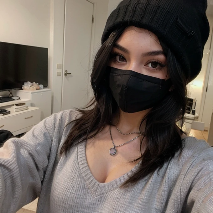Sexy girl with long black hair taking a selfie in a black mask, a gray sweater and a black cap with a black beanie t silver chain
