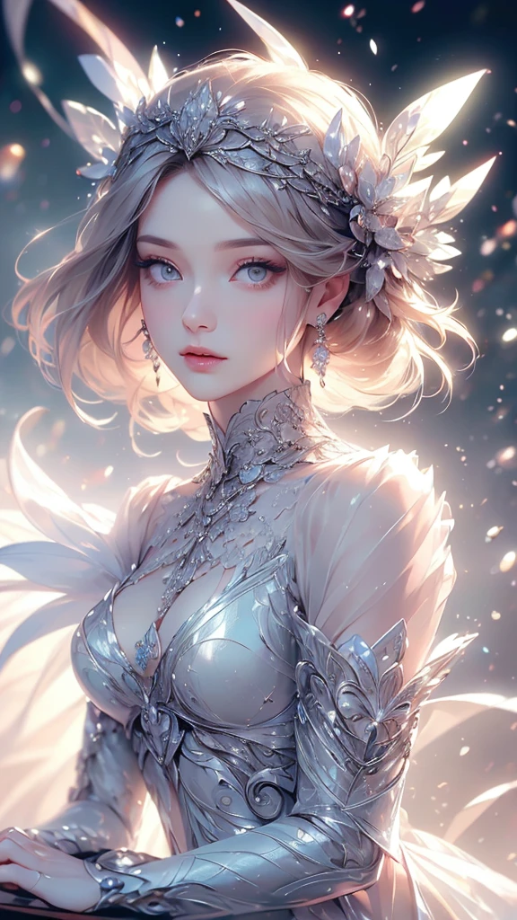 (((Tabletop))), (((Highest quality))), ((Very detailed)), (Very detailed写真), ((Very delicate and beautiful)),(Cute delicate face),here is a digital art of a very futuristic looking female that has armor and armss, One girl, arms, alone, sf, Holding, Holding arms, robot,Beautiful face and eyes, double eyelid,Delicate skin,Slim figure