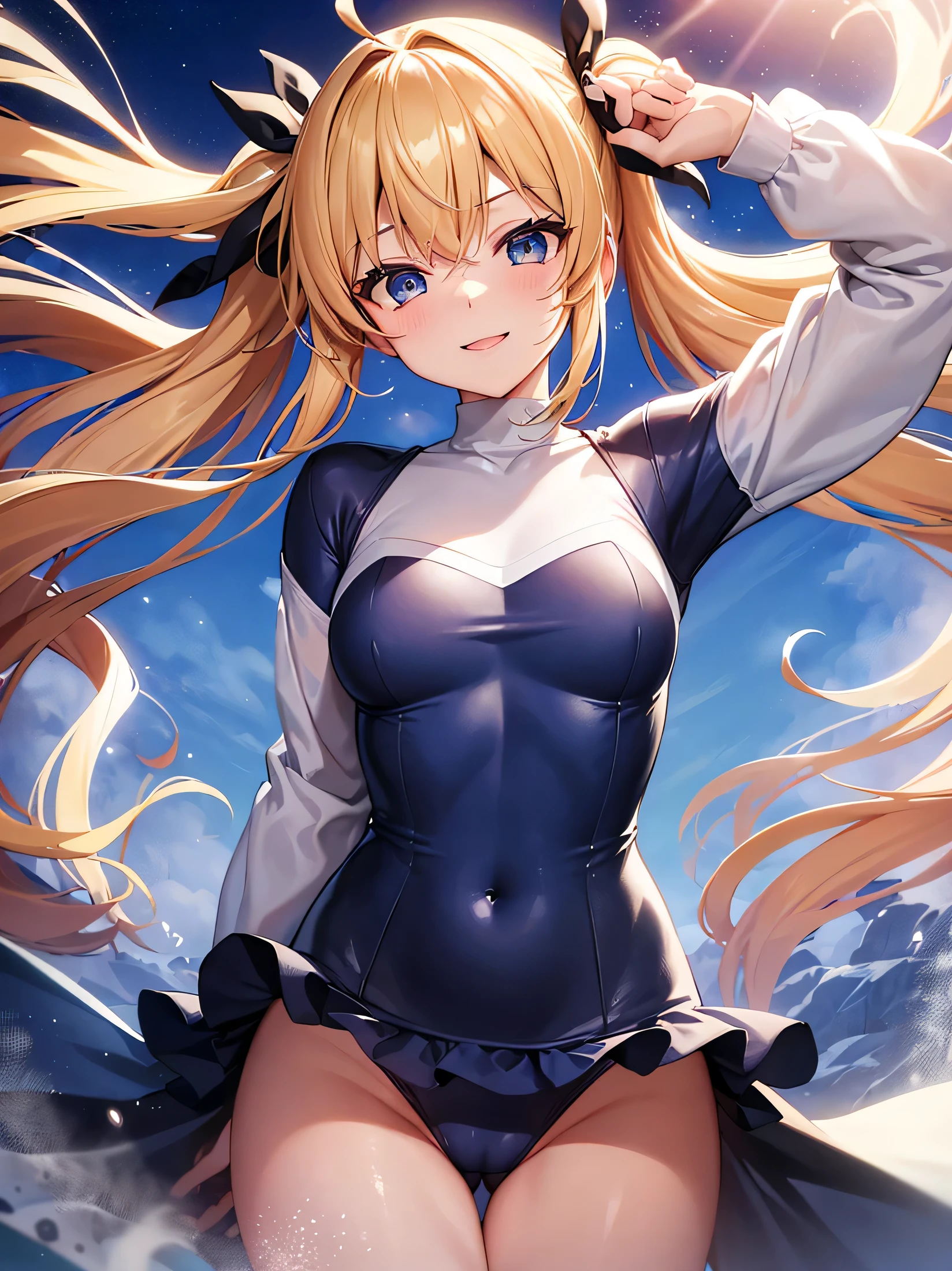 masterpiece,Ray Tracing,High resolution,bloom effect,Dynamic Angle,Light Shaft, particle lighting, Dynamic Light,One girl, alone, Wind,smile, 17 years old,Middle chest, Long blonde twin tails that reach above her ears, Ahoge, (Cyan striped hair:1.15), ,Blue Sailor Swimsuit, blue eyes, White shirt,Hair Ribbon,Glowing Skin,Happy,(nsfw,vaginale,sex,all fours)