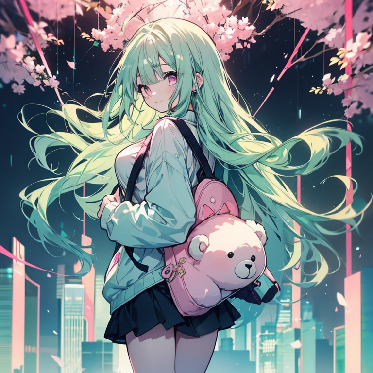1 girl、Mature、Ample breasts、Long Hair、Mint green hair、Pink Eyes、Look to the side、look back、Carrying a teddy bear backpack、Miniskirt、Knee-high、Platform sneakers、Arm Covers、smile、High resolution、Highest quality