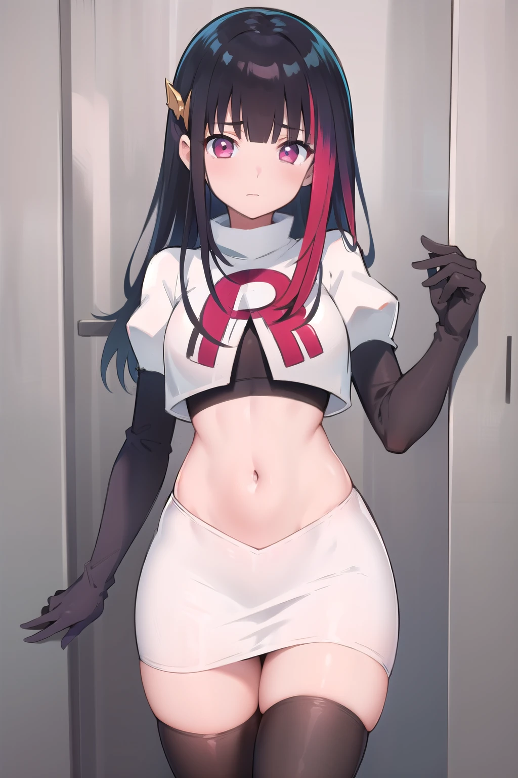 rouge redstar,1girl, black hair, solo, long hair, pink eyes,ear ornament, streaked hair, blunt bangs, looking at viewer,cowboy shot, team rocket,team rocket uniform,white skirt,red letter R,crop top,black thigh-highs,black elbow gloves, (best quality, masterpiece),