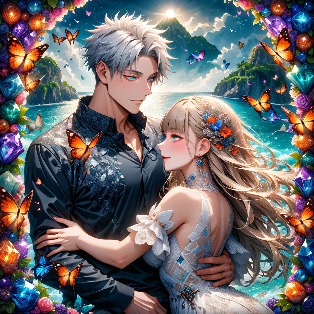 Ultra detailed, HDR, Highres, absurdres, master piece, Aida, ash blonde hair with bangs, expressive green eyes, Gojou Satoru, white hair with bangs, expressive blue eyes, black shirt, white dress with patterns, Jujutsu Kaisen, flowers, butterflies, fantasy, magical, green leaves, summer, a beautiful woman together with a handsome man, couple, love, sensual, island, sexy, smiling