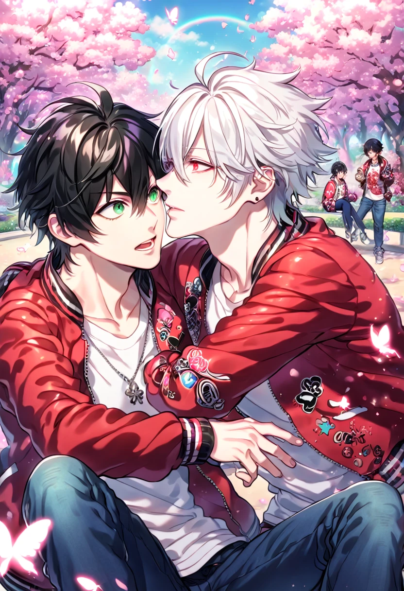 absurdres, highres, ultra detailed, HDR, master piece, best quality, extremely detailed, Aohitsugi Samatoki, chin length white hair, expressive red eyes, long eyelashes, Hypnosis Mic, Yamada Ichiro, chin length black hair, expressive green eyes, white shirt, unbuttoned, red varsity jacket, blue pants, two sexy men sitting together, yaoi, gay couple, handsome, magical, fantasy, park, pink blossoms, pink butterflies, pink petals, pink flowers