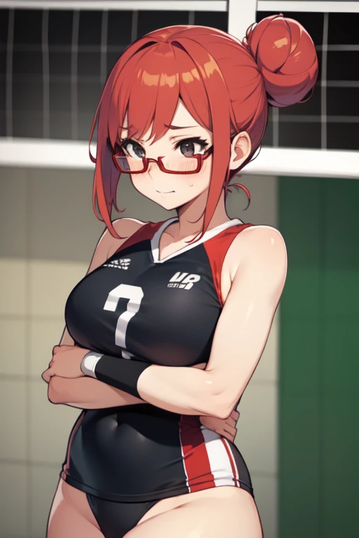 women, volleyball, volleyballista, Red hair, by the taken, hair bun,
v face, Eyeliner, Whole body, curved body, anime, black glasses, shy, Camarines, black eyes, submissive, blushing, naked, discovered