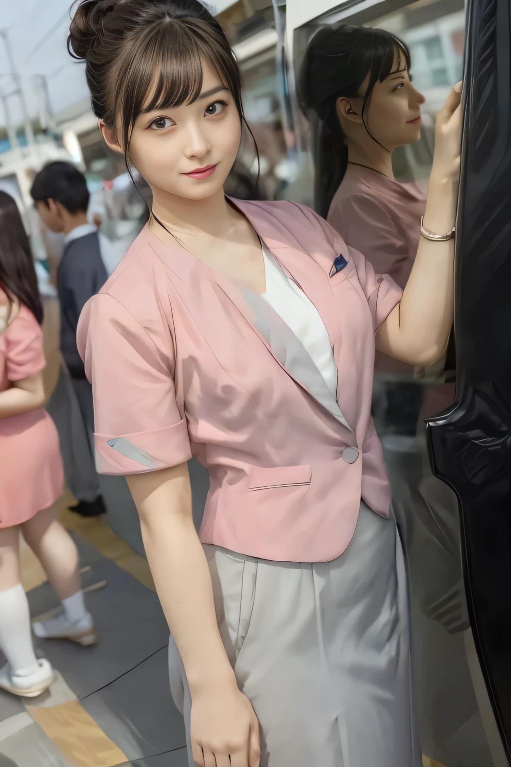 (masterpiece:1.2, Highest quality:1.2), 32k HDR, High resolution, (alone、1 girl)、（On the roof of a building in the daytime、Professional Lighting）、Building rooftop background、（Nankai train crew uniform pinkを着たリアルスタイル）、（Nankai Railway crew uniform, pink, short sleeve, collarless, pink jacket、Nankai Railway crew uniform pink no-collar short-sleeve blouse、Grey knee-length culottes）、（（The bottom of the pink short-sleeved jacket cannot be tucked into the clay-colored culottes..））、Dark brown hair、（Hair tied up、Hair Bun、Hair Bun）、Dark brown hair、Long Shot、Big Breasts、Thin legs、（（Great hands：2.0）），（（Harmonious body proportions：1.5）），（（Normal limbs：2.0）），（（Normal finger：2.0）），（（Delicate eyes：2.0）），（（Normal eyes：2.0））)、smile、（A beautiful figure showing off the Nankai Railway crew uniform）、Bring your hands down