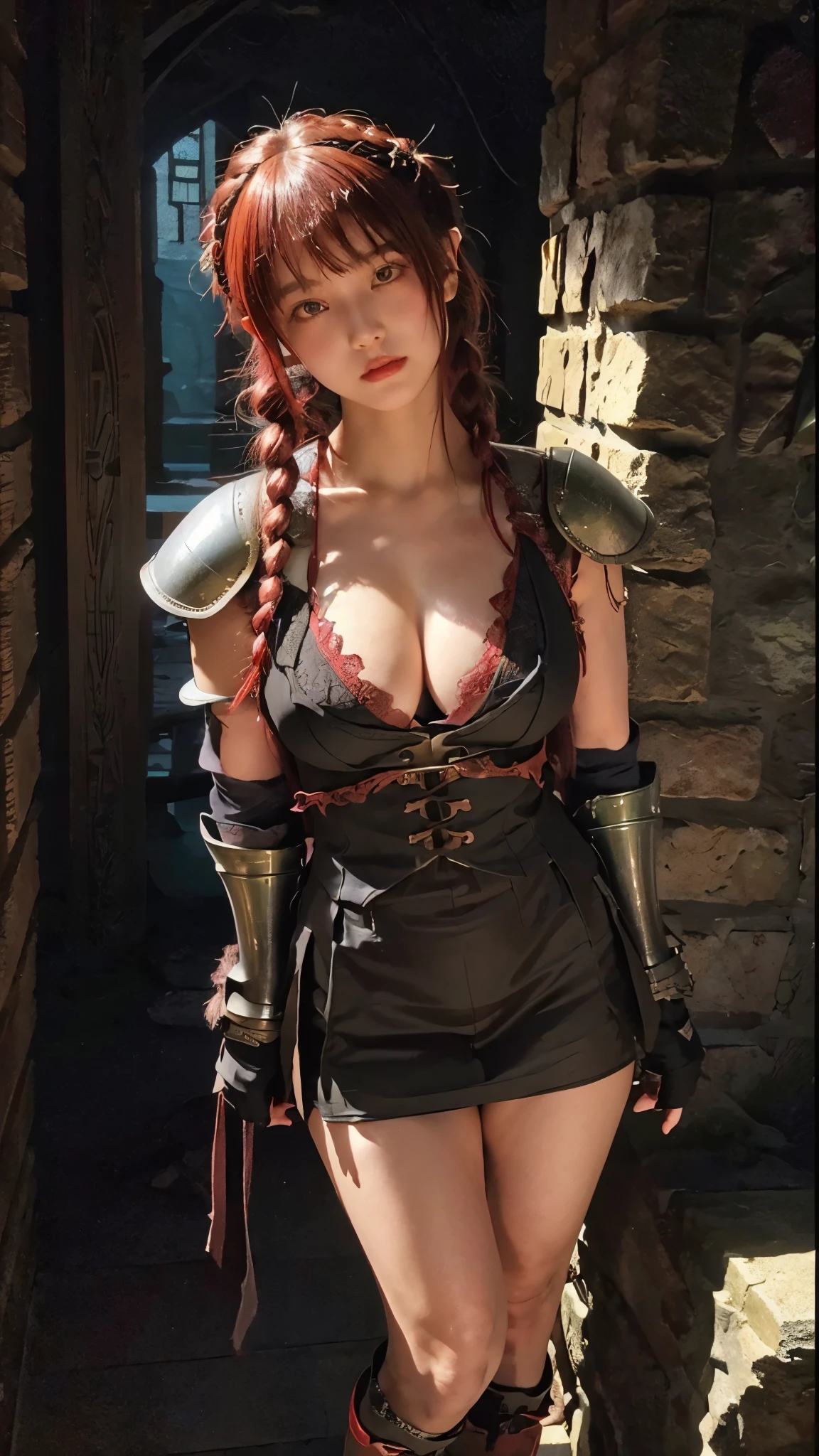 (24yo girl:1.1), 18 year old girl, red hair, (arms tied above head:1.2), hands tied, (standing in dark corner:1.2), bright green eyes, detailed eyes, petite body, slim thighs, thin waist, small breast, (head tilt:1.4), (contemptuous:0.8), sarcastic expression, (mischievous expression:1.2), naughty, smug expression, a bit scared, (questioning look:1.2), arrogance, (smug expression:0.9), exotic (black:1.2) bodysuit, dark colors clothes, dark colors outfit, cleavage, ribbons on legs, short skirt, simple solid knitted thigh highs, long gloves, looking at viewer, eye contact, arrogant face, adorable, (long braided ponytail hair with side bang:1.2), 1girl, semi realistic, pov, (high angle shot:1.5), (pov male fat body:1.5), (male pov body wearing medieval armor:1.4), (view from above:1.25), (full body shot:1.1), source_cartoon, dramatic lighting, detailed background, background fantasy setting, medieval dungeon, (in small dark cellar:1.2), one prison window, moonlight, brick wall