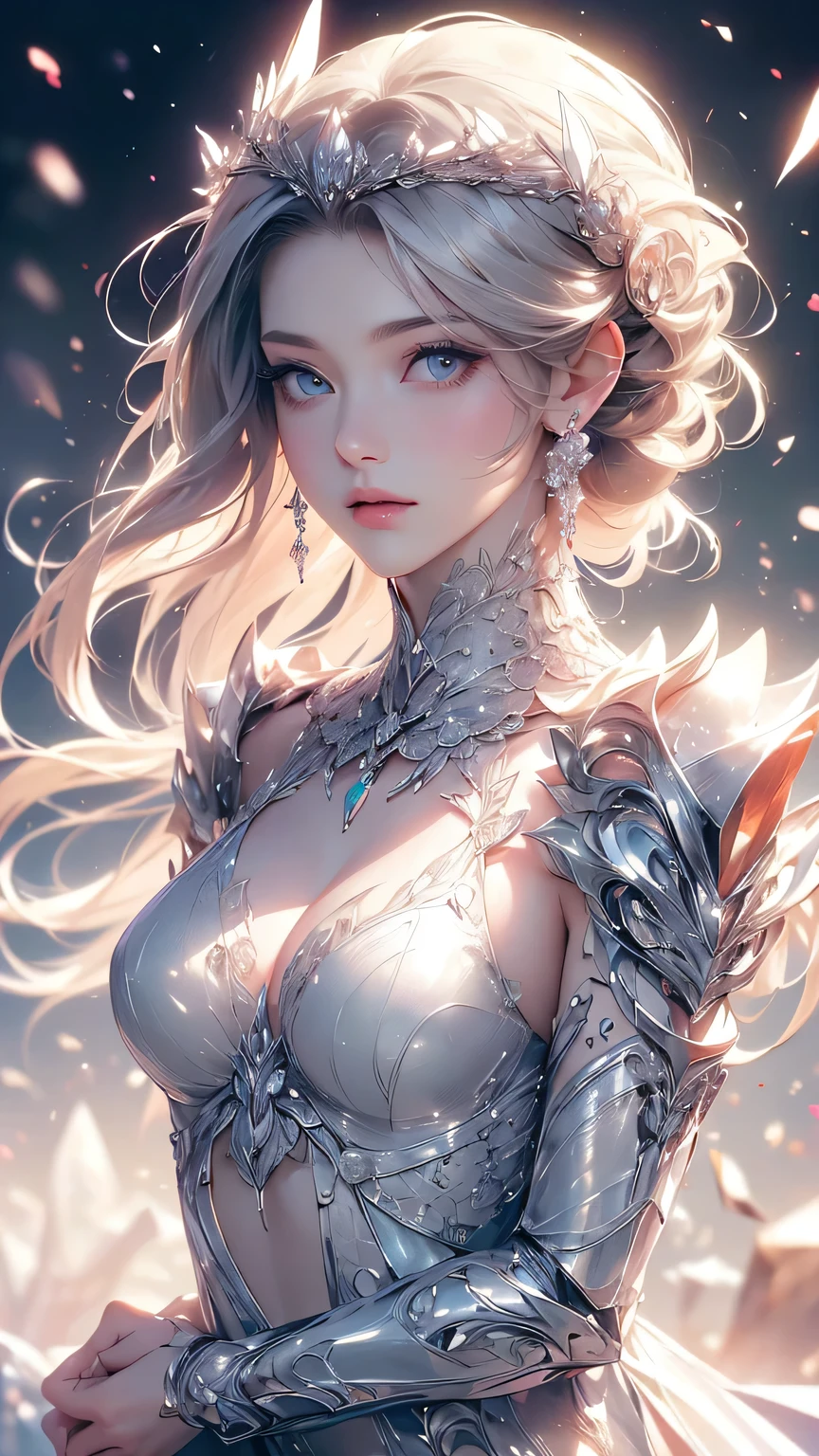 (((Tabletop))), (((Highest quality))), ((Very detailed)), (Very detailed photos), ((Very delicate and beautiful)),(Cute delicate face),here is a digital art of a very futuristic looking female that has armor and armss, One girl, arms, alone, sf, Holding, Holding arms, roboT,Beautiful face and eyes, double eyelid,Delicate skin,Slim figure