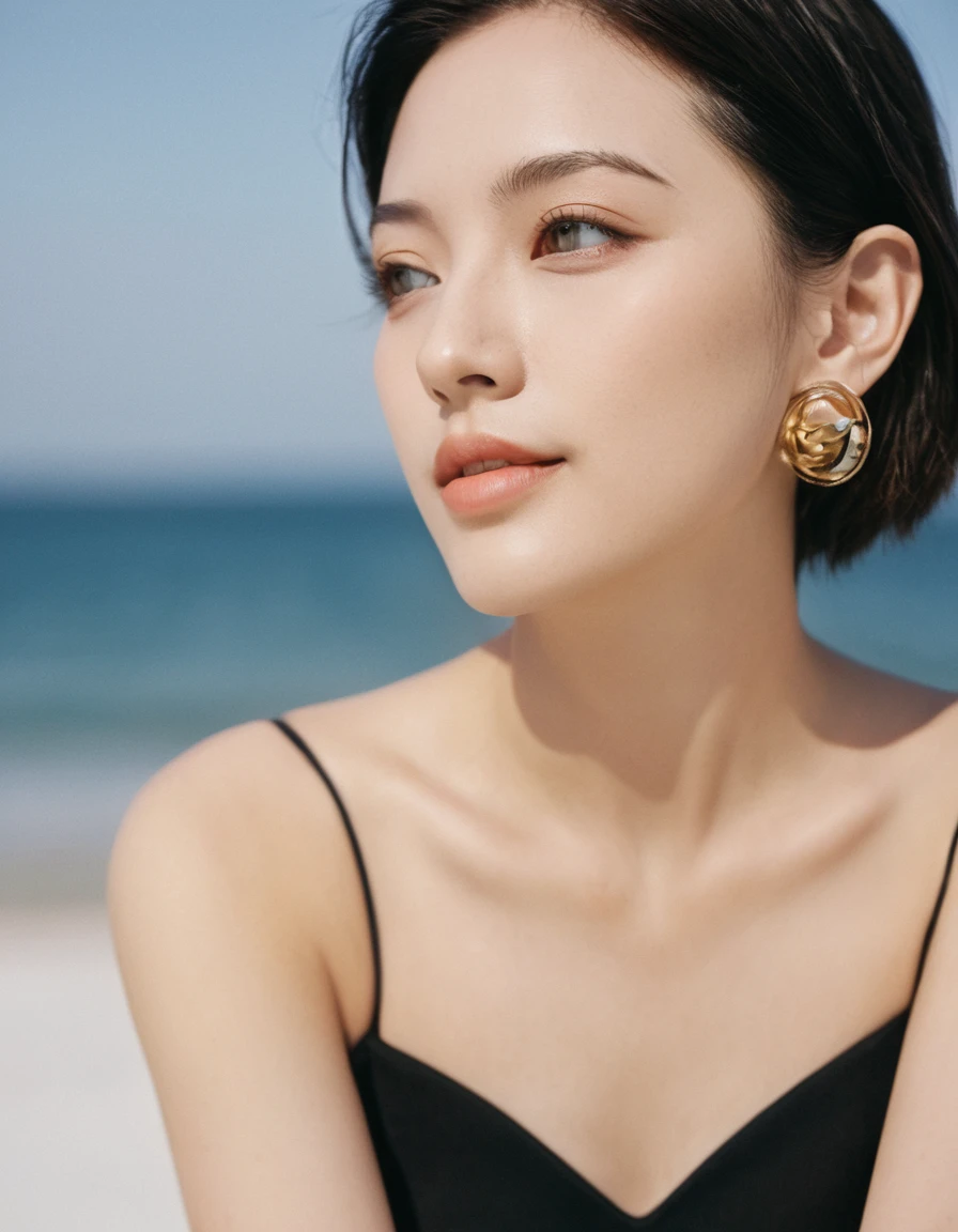 xxmixgirl, quite a bit body of a beautiful cute long face Japanese girl, happy smiling, still from the film, ((young Marion Cotillard face : 1.0)), ((young Anne Hathaway face: 0.8)), side shot, portrait photo of a cute 25 y.o woman, looks at viewer, full lips, beauty natural skin, skin moles, starry night, (cinematic, film grain:1.1), ((asian winged eyes, very long and slender slim face, windy tousled, shoulder lenght straight black blunt bob, stapless crop top)), relaxing at seaside, Leica SL3, Summicron-SL 75mm ASPH, F/2, (cinematic still:1.2) Kodak Gold 200 film, bokeh, rim lighting, silhouette, shallowed depth of field, dynamic hands up,