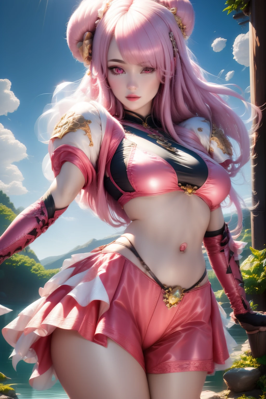 pnkdamond, pink hair, pink eyes,  Long hair,  stomach gem,  pink skin,  toned, 
puffy short sleeves, elbow gloves ,  white thighs,   Puffy dress, 
standing, Upper part of the body, 
 outer space,  
(incredibly detailed, beautiful detailed face,beautiful detailed eyes, masterpiece, Best Quality) cinematic lighting,  smile, 
 