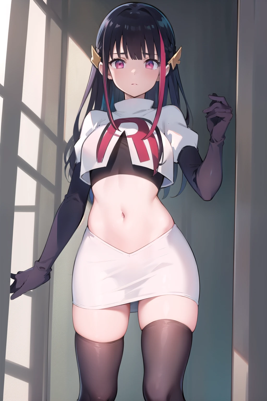 rouge redstar,1girl, black hair, solo, long hair, pink eyes,ear ornament, streaked hair, blunt bangs, looking at viewer,cowboy shot, team rocket,team rocket uniform,white skirt,red letter R,crop top,black thigh-highs,black elbow gloves, (best quality, masterpiece),