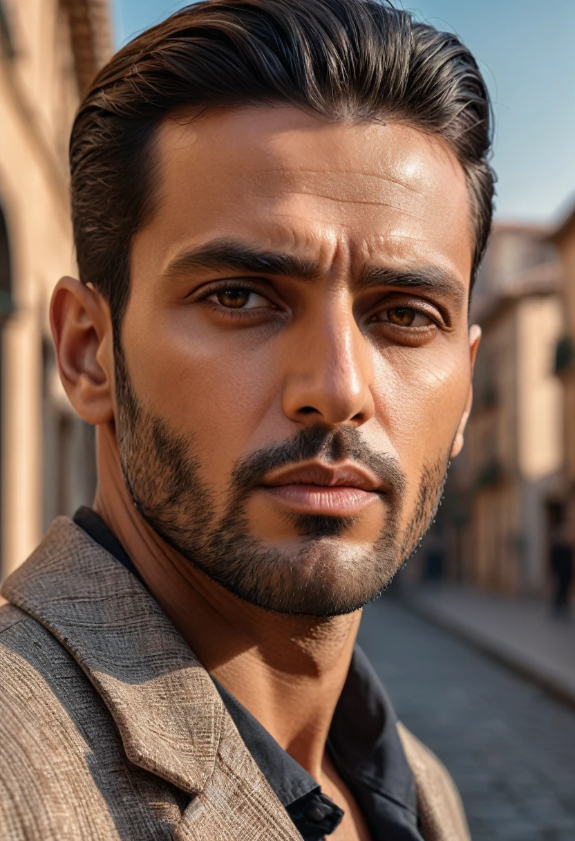 (arabian man, 20s old, young man, fashion model, square face), street style, serious looks, serious atmosphere, looking at viewers, profile photo, upper body shot, from side, ((high-quality, hyper realistic, photorealistic, 8K, best quality, 4k, highres, masterpiece:1.5)), ultra-detailed, (realistic, photorealistic, photo-realistic:1.3), HDR, UHD, ultra-fine painting, sharp focus, physically-based rendering, extreme detail description, professional,