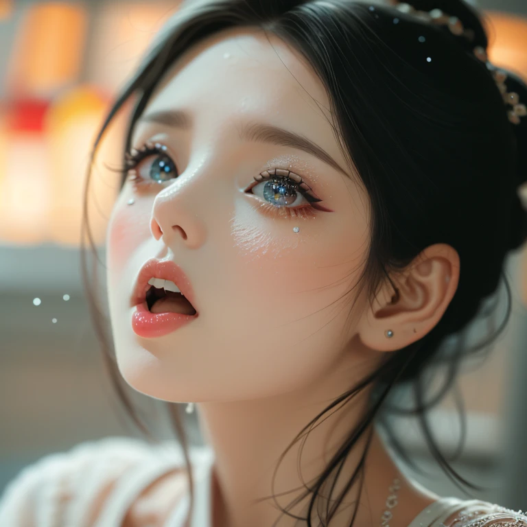 ExtremelyDetailed Kawaii girl Face,(Close-up Sweet lips), glossy lips with beautiful details, Coquettish tongue, Kissing to camera, towards the viewer, 8K TopQuality masterpiece,an extremely delicate and beautiful (ProfessionalPhoto:1.37), {Amazing|finely detail|official art|incredibly absurdres},ultra-detailed close-up shot, close up, (fish eye lens), wide lens, macro lens, Detailed reflective Eyes ElaboratePupils with (sparkling highlights:1.28) (Delicate Voluminous LongEyelashes:0.88), {(Tilted face:1.22)|Visible back of throat|saliva drips|naked shoulder}, (Dripping juice on tongue:1.23) snow particles