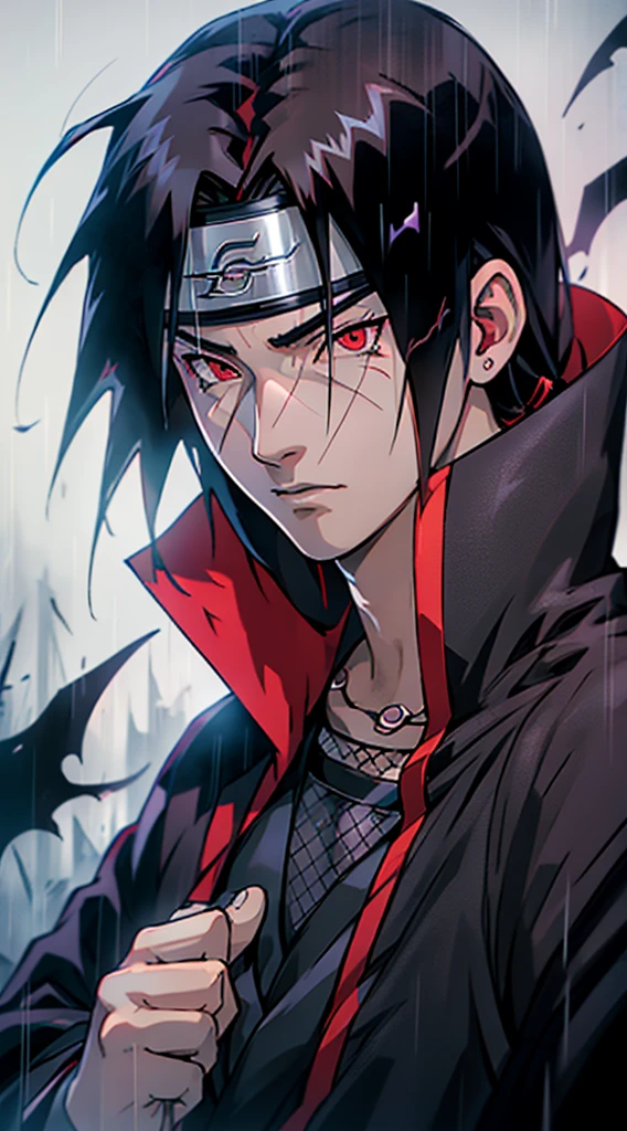 1man with a black hair and red eyes, itachi uchiha, itachi, akatsuki akira, sasuke uchiha, madara uchiha, yuyushiki, from naruto, inspired by Chen Jiru, sherigan eyes,midjourney art,detailed face,wearing akatsuki dress,he's very menacing and evil,naruto anime character Itachi, rainy, black theme, stunning look, detailed face,4k anime wallpaper,digital render, anime style 4 k